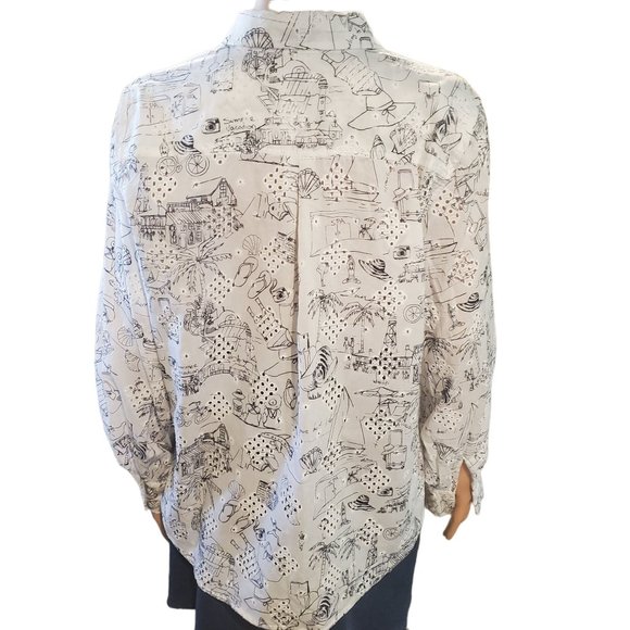 Chico's Sz 12/14 Novelty Vacation Print Eyelet Button Up Balloon Sleeve Top - Picture 7 of 11